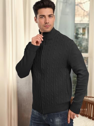 Les umes Men's Cardigan Sweaters Full Zip Stand Collar Cable Knitted Sweater Cotton Long Sleeve Zipper Cardigans3