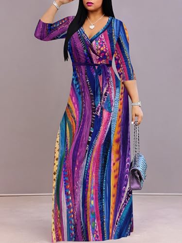 Image of Women's V Neck Floral Maxi Dress 3 /4 Sleeve Plus Size Boho Wrap Flowy Long Dresses with Belt