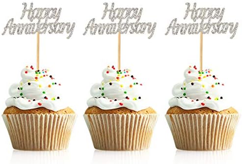 Donoter 48 Pcs Silver Happy Anniversary Cupcake Toppers Picks for Anniversary Party Cake Decorations