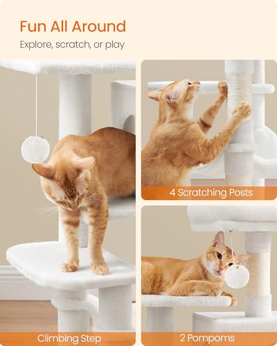 Image of Feandrea Cat Tree, 44.1-Inch Cat Tower, Plush Multi-Level Condo with 4 Scratching Posts, 2 Perches, Hammock, Cave, Cream White UPCT261T01