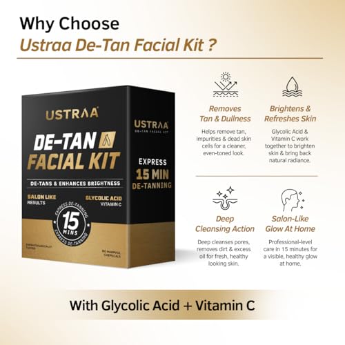 Image of Ustraa De-Tan Facial Kit for Men - 40g | 15 Min Express De-Tanning Facial | Brightens Skin & Removes Tan | Glycolic Acid, Vitamin C & Activated Charcoal | Salon-Like Glow at Home
