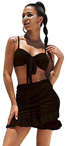 katiewens Women's Strap Crop Top Outfit Two Piece Backless Bandage Bodycon Midi Dress Black