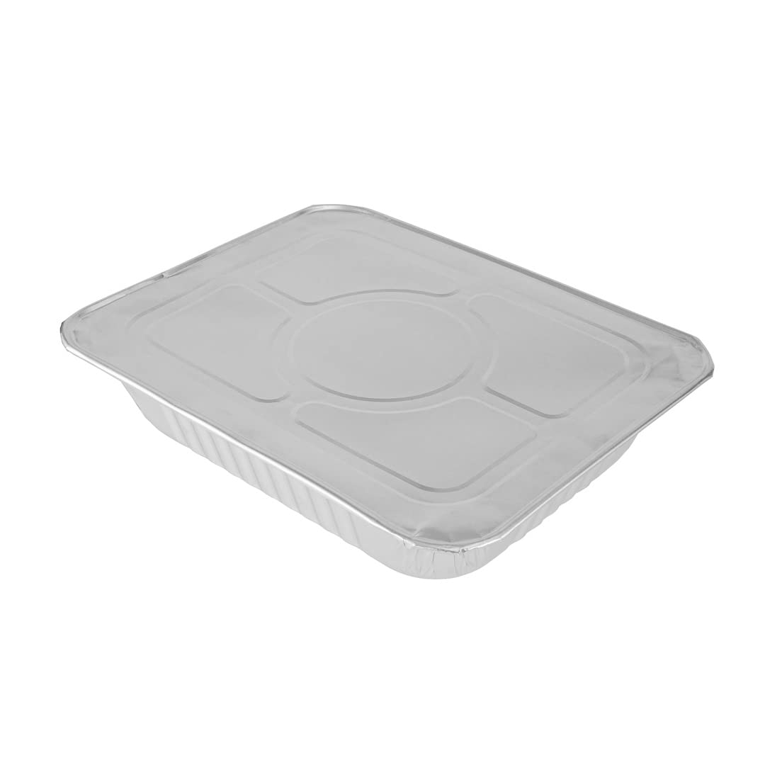 Restaurantware LIDS ONLY: Foil Lux Foil Pan Lids, 25 Oven-Ready Foil Tray Lids -Pans Sold Separately, Fits Half-Size Steam Table Lids, Freezable, SilverAluminum Disposable Baking Pan Lids