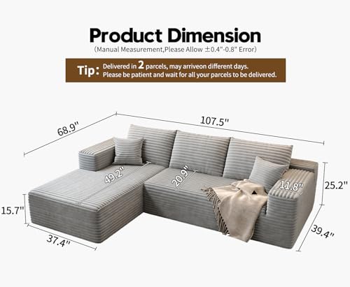 Image of 107.5 inch Cloud Modular Sectional Sofa Couch with L-Shape Chaise,Modern Minimalist Upholstered Couches for Living Room Bedroom,Deep Seat Corner Couch,No Assembly Required (Grey,Left Facing Chaise)