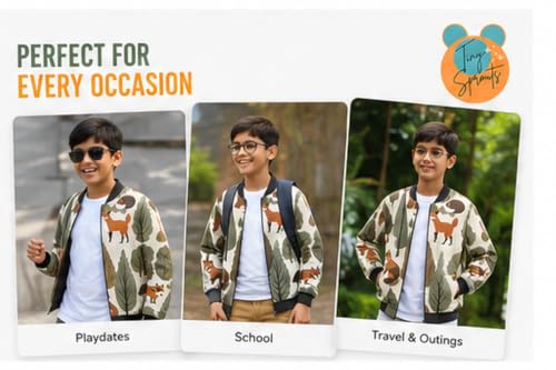 Image of Tiny Sprouts Kids Jacket | JungleFox Theme | Warm Quilted Fleece | Unisex | Ages 5-14