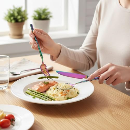 Image of 30 Pcs Rainbow Cutlery Set for Dining Table the Perfect Lightweight Silim Handle Tableware Including Dinner Spoon, Dinner Fork, Dinner Knife, Dessert Spoon & Dessert Fork