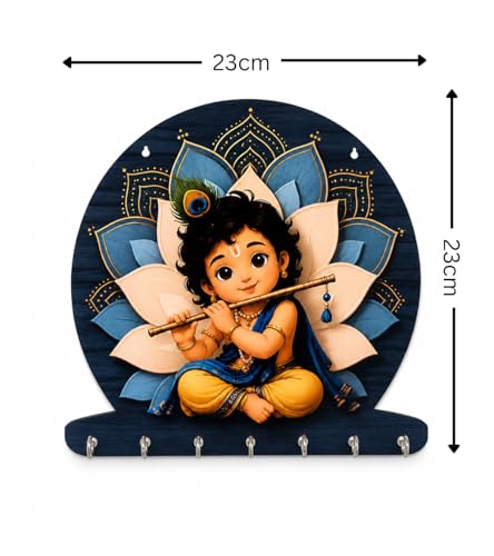 Image of Zepdos Baby Krishna Home Decor Key Hanger for Wall | Flute Design Key Hanger with 7 Hooks | Entrance Wall Mount Key Stand for Home, Living Room, Office, Gift Item (23 x 23 CM) (1 Pcs)