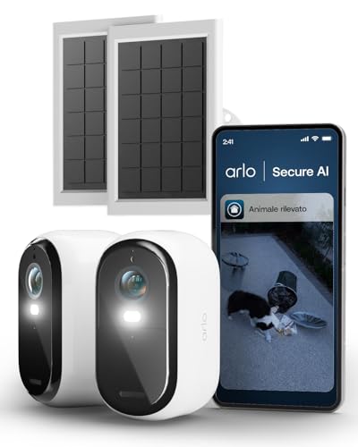Arlo Essential 3 Telecamera WiFi Esterno Senza Fili + Pannello Solare (2), HD, Telecamera WiFi Interno, Sirena Allarme Casa, Sensore Di Movimento, Prova Inclusa Secure, 2 Telecamere, Bianche