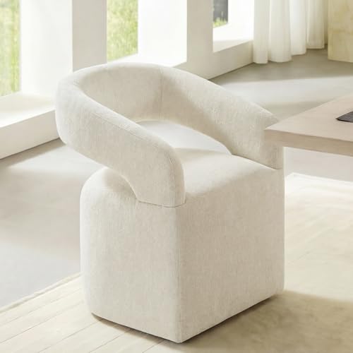 Image of KISLOT Upholstered Dining Chairs Set of 1, Modern Arm Kitchen & Dining Room Chairs with Hidden Casters, Linen Fabric Padded Rolling Chairs, Sturdy Wood Frame, 300 lbs Capacity, Cream Beige