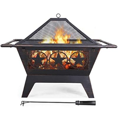Yaheetech Fire Pit 32'' Iron Fire Pit Outdoor Patio BBQ Camping Bonfire Bronze Outdoor Fireplace Fire Bowl with Spark Screen, Mesh Cover Grills Poker Square Fire Pit