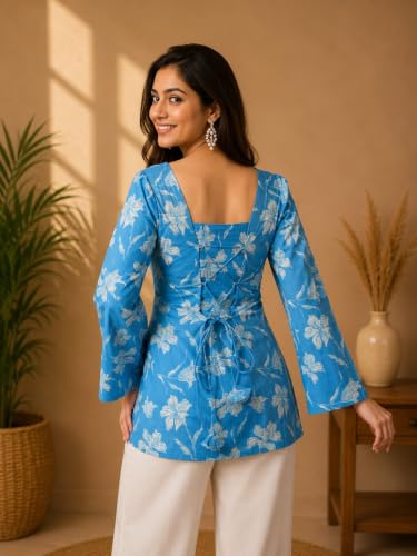 Image of Rayon Floral Print Short Kurti for Women | Square Neck Long Sleeve Top for Women | Criss Cross Back Desing Kurti | Soft Breathable Fabric | Relaxed Fit | Casual and Office Wear