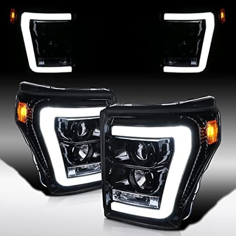 AUTOZENSATION Compatible with 2011-2016 Ford F250 F350 F450 F550 Super Duty, Left + Right Pair Headlamps Assembly, Glossy Black LED Bar Projector Headlights Cover