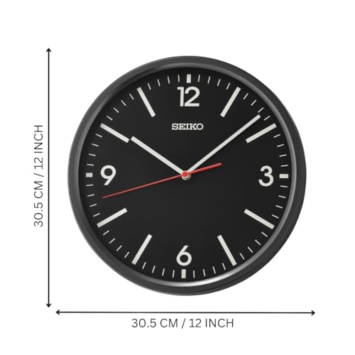Image of Seiko Classic Round Black Plastic Analog Home Decor English Numbers Wall Clock with Sweep Movement (Size: 30.5 x 4.5 x 30.5 CM | Weight: 670 gram | Color: Black)