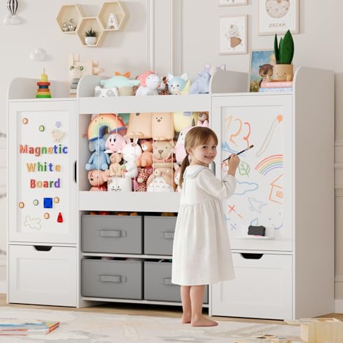 VortinT 61' W Toy Storage Organizer, Kids Toy Storage with Stuffed Animal Storage, 2 Movable Toy Box, 4 Storage Bins and 2 Magnetic Boards, Montessori Bookshelf for Kid Toy Room Organization(White)