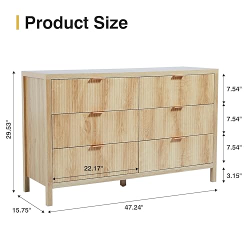 XUZENEST Fluted 6 Drawer Double Dresser for Bedroom, 47" Wide Modern Closet Dressers Chest of Drawers, Wood Storage Dresser Organizer for Nursery Bedroom Living Room Hallway Closet,Natural - Image 2
