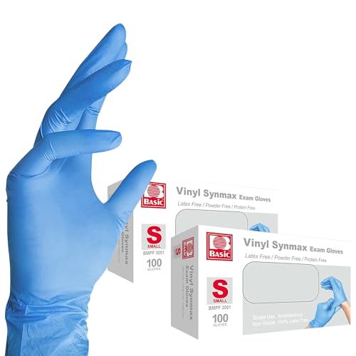 Image of Basic Medical Synmax Vinyl Exam Gloves - Latex-Free & Powder-Free - Small, BMPF-3001 Blue 2 Boxes of 100