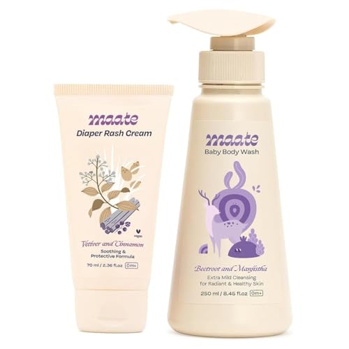 Image of Maate Baby Body Wash 250 ml & Diaper Rash Cream 70 ml Combo | Natural Care with Beetroot, Aloe Vera & Avocado Oils | Tear-Free, Soothing, pH Balanced for Sensitive Skin | Babies & Kids 0m+