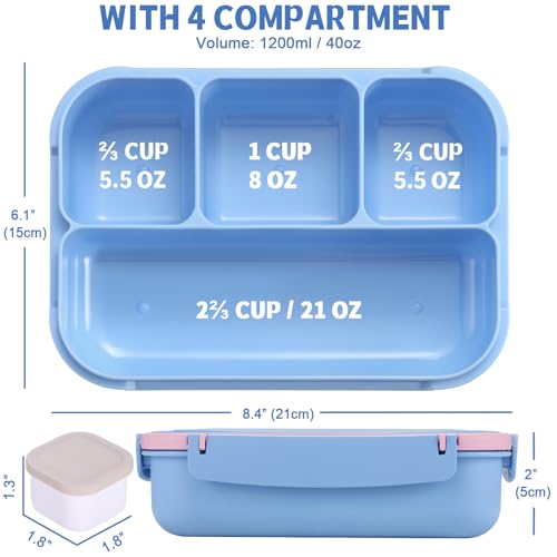 Image of shell and turtle Bento Box Adult Lunch Box, Lunch Containers for Kids Girls Boys with 4 Compartments, Lunchable Food Container with Utensils, Sauce Jar, Muffin Liners, 40 Oz /5 Cup, Blue Pink