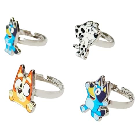 LUV HER Bluey Kids Jewelry: 4-Piece Adjustable Rings for Girls, Ring Sets with metal charm Fashion Girls Jewelry Ages 3+ Cover