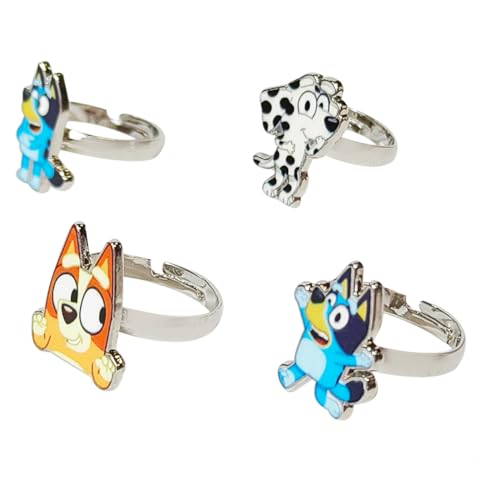 LUV HER Bluey Kids Jewelry: 4-Piece Adjustable Rings for Girls, Ring Sets with metal charm Fashion Girls Jewelry Ages 3+