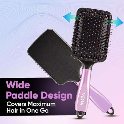 Vega Paddle Hair Brush with Cleaning Comb (India's No.1* Hair Brush Brand) for Men & Women| Wide Detangler Brush for Long, Thick & Curly Hair | Smooth & Shiny Finish | Hair Comb for Men | (E18-PB)