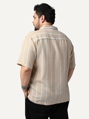 Image of Urbano Plus Men's Cotton Half Sleeve Relaxed Fit Linen Striped Shirt with Cuban Collar
