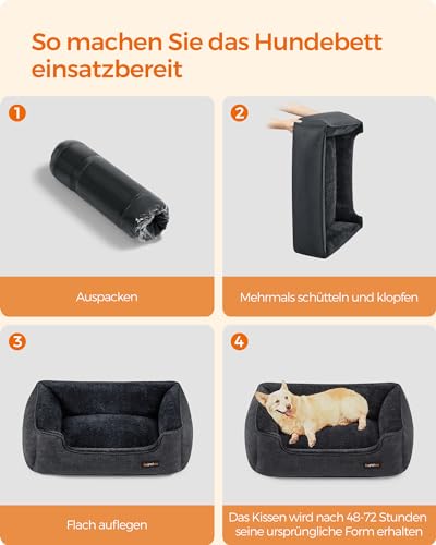 Feandrea Hundebett, Hundekissen in Leinenoptik, Hundekorb, erhöhte Ränder, rutschfeste Unterseite, Bezug abnehmbar waschbar, L, für mittelgroße Hunde, 90 x 75 x 25 cm, dunkelgrau PGW011G01