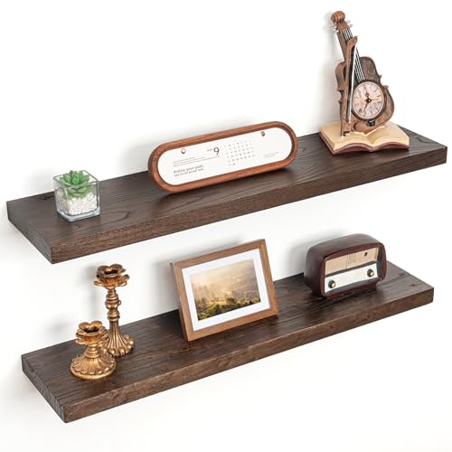 Image of Floating Shelves for Wall Decor, 8 Inch Deep Rustic Solid Elm Wood Floating Shelves Wall Mounted, Wall Shelves with Invisible Bracket for Living Room Bathroom Bedroom Kitchen, 32 Inch Set of 2, Walnut
