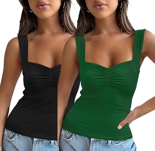 Micoson Womens 2 Pack Tank Tops 2024 Casual Summer Sweetheart Neck Strappy Sleeveless Backless Basic Cami Shirt Back and Green M