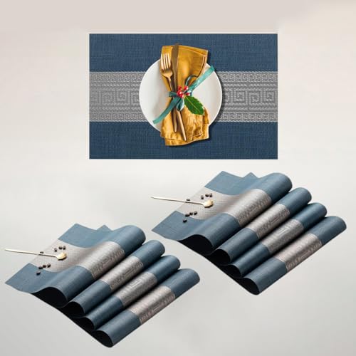 Image of YELONA Placemats Set of 8, Heat-Resistant Woven Vinyl Table Mats, Non-Slip & Washable Dining Tablemats for Kitchen & Dinner Decor, Midnight Blue (45cm x 30cm)