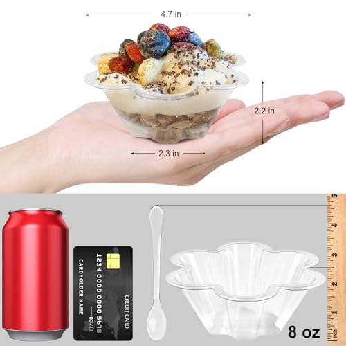 TOFLEN 8 oz Dessert Cups with Spoons, 100 Pack Clear Plastic Small Party Serving Bowls for Sundae, Parfait, Fruit, Strawberry Shortcake, Disposable Snack Bowls (Flower Shape) by TOFLEN - Image 2