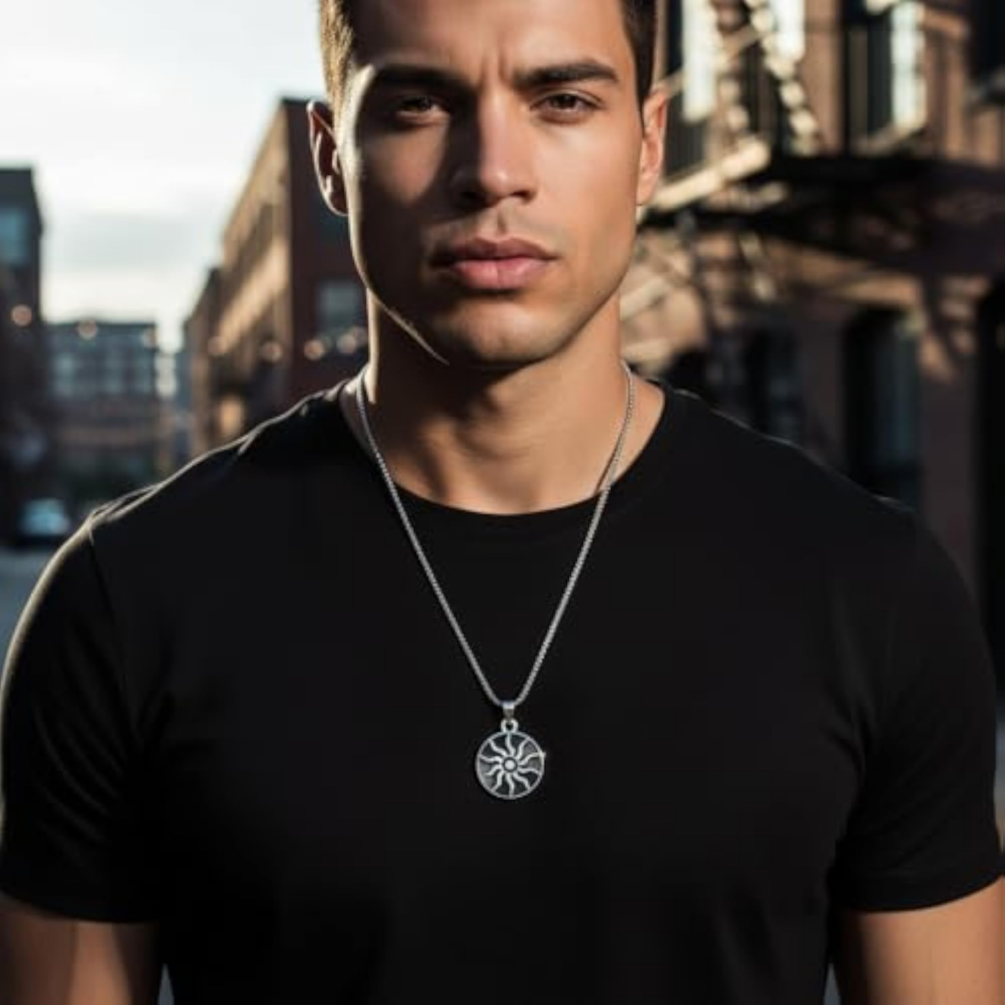 Men's Black Sun Round Pendant Necklace