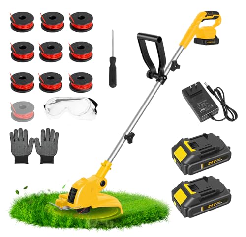 ALSO GO 21V Cordless Weed Wacker, Weed Eater Battery Powered with 2 x2.0Ah Batteries and 10 Spare Spools, 12''Grass Trimmer with Auto Line Feed, 2-in-1 Grass Trimmer& Edger Lawn Tool for Yard, Garden