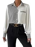 WDIRARA Women's Houndstooth Print Button Down Shirt Long Sleeve Colorblock Blouse Top Black and White M