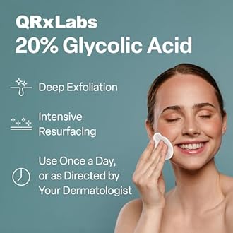 QRxLabs Glycolic Acid Pads - 20% Resurfacing Pads AHA for Face & Body - Exfoliates Skin Surface and Reduces Appearance of Fine Lines and Wrinkles - Acne Treatment Clearing - Daily Pads - 50ct