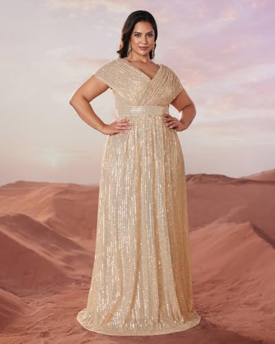 Women's Plus Size V Neck Sequin Formal Maxi Dress A-Line Prom Evening Party Gowns4