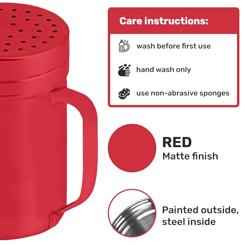 Image of CUSINIUM 14oz Red Stainless Steel Salt Pepper Dredge Shakers - With Plastic Cap - With Handle - Pack of 2