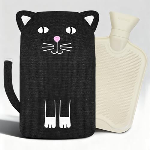 Wärmflasche mit Bezug Tier, Katze Mini Strick Wärmflasche Kinder 2 Liter, Wärmeflasche zur Schmerzlinderung, Bettflasche für Erwachsene, Hot Water Bottle Geschenk für Frauen Männer
