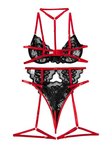 Image of Lilosy Sexy Choker Floral Lace Scallop Sheer Underwire Push Up Garter Belt Lingerie Set 3 Piece