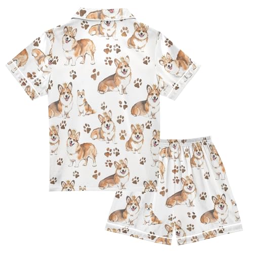 Corgi with Crown Summer Satin Pajama Set, Cute Button-Down Sleepwear Pj Set for Sleep Wears2