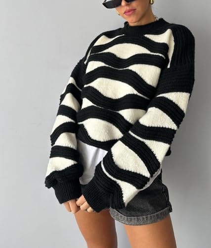 CHARTOU Women Fall Winter Color Block Stripes Sweater Oversized Long Sleeve Cropped Knit Pullover Sweatshirt Outfits4