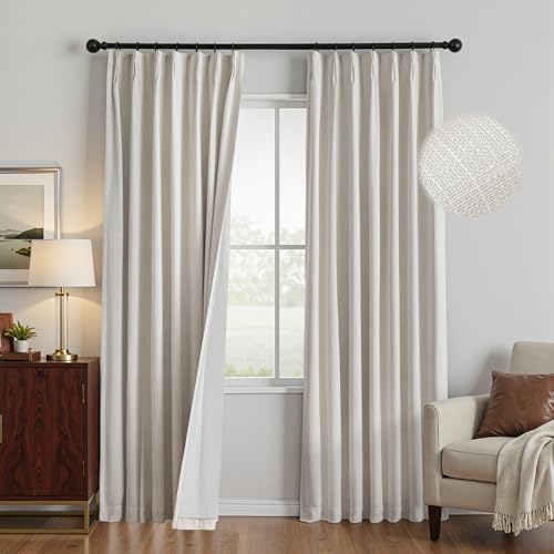 Image of MYSKY HOME Beige Blackout Curtains 108 inches Long Natural Pinch Pleated Curtains for Living Room Bedroom 100% Room Darkening Black Out Window Drapes with Hooks Back Tab, 40 inch Wide per Panel, 2 Pieces