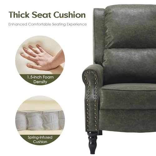 Image of Leather Recliner Chair, Pushback Recliner Chair with Adjustable Backrest Footrest, Mid Modern Reclining with Overstuffed Arms Lumbar Support for Reading, Living Room, Green