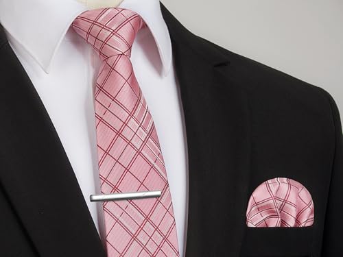 Image of Enlision Ties for Men Plaid Stripe Tie Handkerchief Woven Classic Formal Necktie Pocket Square Clip Set