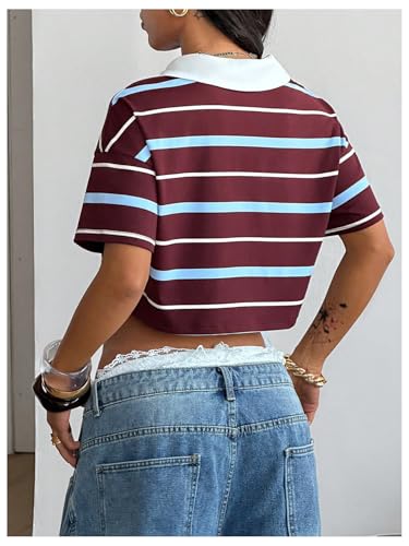 Image of RoseSeek Women's Preppy Striped Button Down Crop Tops Collar Neck T Shirt