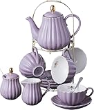 Jusalpha Fine China 8 OZ Purple Coffee Cup/Teacup, Saucer, Spoons, Teapot and Creamer Set, 17-Pieces (FD-TW17PC Set, Purple)