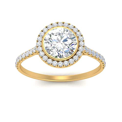 Image of 55Carat Choose Your Gemstone Bezel Round Halo Pave Diamond CZ Ring Yellow Gold Plated Round Shape Halo Engagement Rings Everyday Jewelry Wedding Jewelry Handmade Gifts for Wife US Size 4 to 12