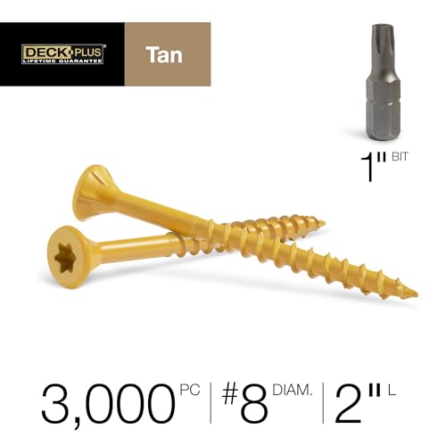 Image of Deck Plus 2 Inch Epoxy Coated Exterior Wood and Fence Screws #8 x 2 Torx /Star Drive Included Coarse Thread, Outdoor Rust Resistant Decking Screw, Tan, 25lb Box, 3125 Pieces | 48713