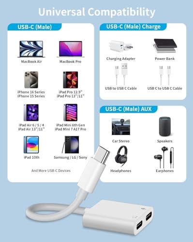 Image of Dual USB C Headphone & Charge Adapter 2in1 Type C Audio Cable Dongle PD 60W Fast Charging Support Call Music for iPhone 17 16 15 Series, Pixel 7 6 5, Galaxy S25 to S21 & All C Models-White