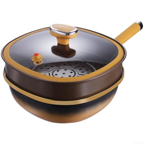 12 Inch Titanium Stir Fry Pan, Non Metal Deep Pan With Lid, With Steam Vent, Steamer Basket, Heat-Resistant Handle, For Cooking Baking(Double layer titanium stir fry pan)